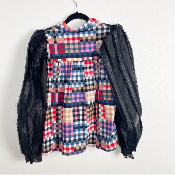 Munthe Lima Check Poplin Flocked Long Sleeve Plaid Metallic Blouse Casual Work - Picture 4 of 9